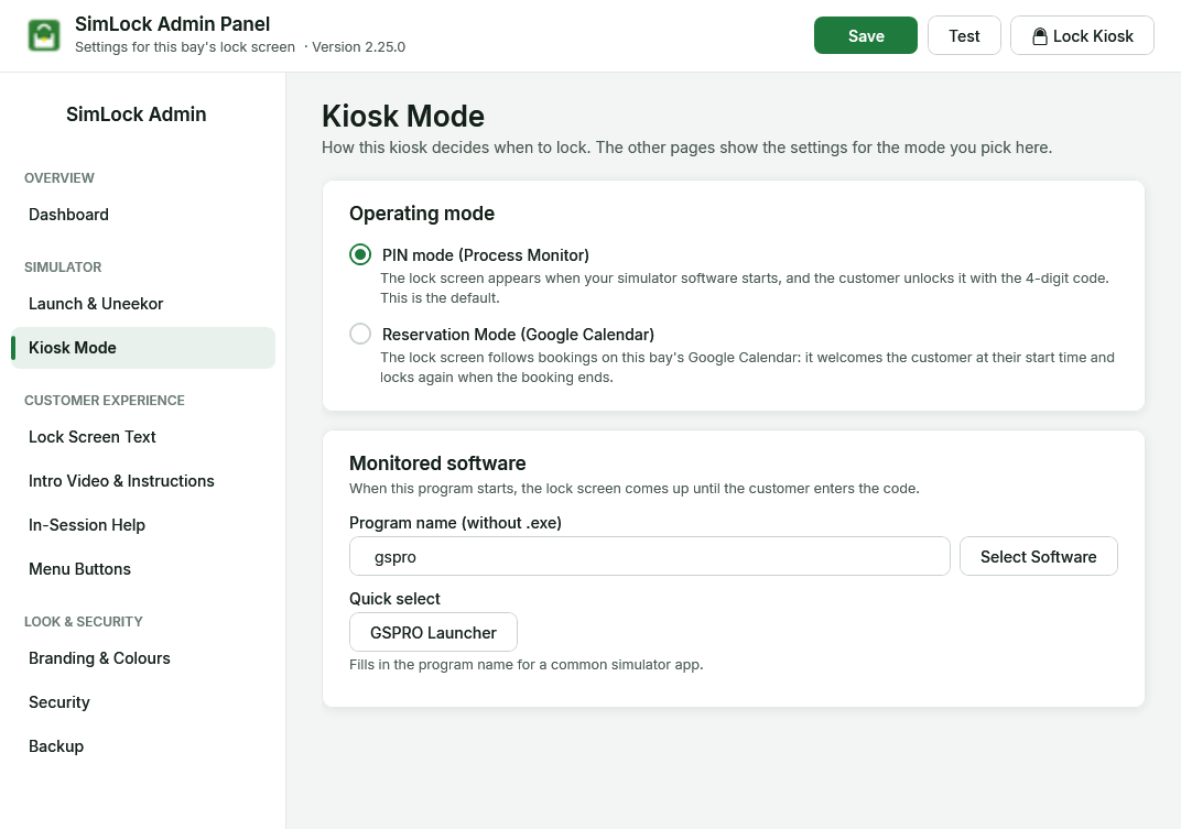 Admin panel, Kiosk Mode page