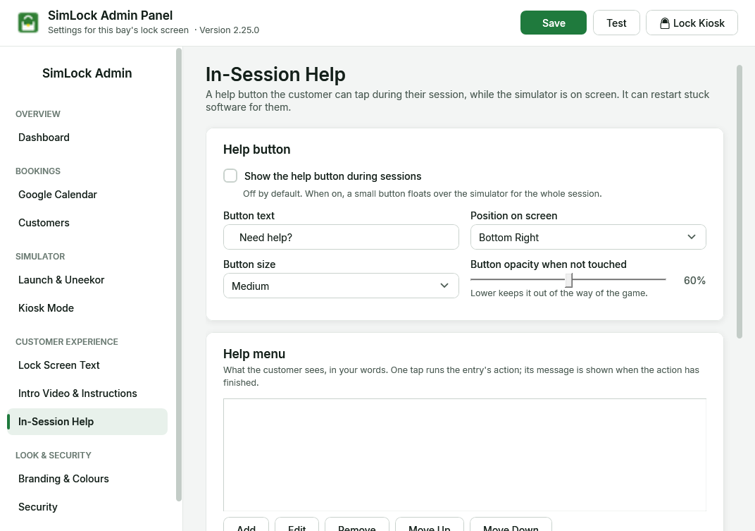 Admin panel, In-Session Help page